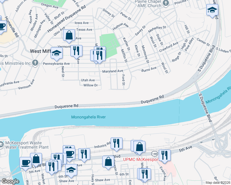 map of restaurants, bars, coffee shops, grocery stores, and more near 1515 Mifflin Street in West Mifflin