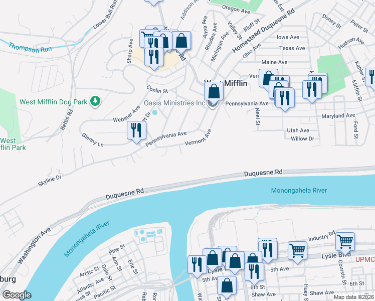 map of restaurants, bars, coffee shops, grocery stores, and more near 2235 Vermont Avenue in West Mifflin