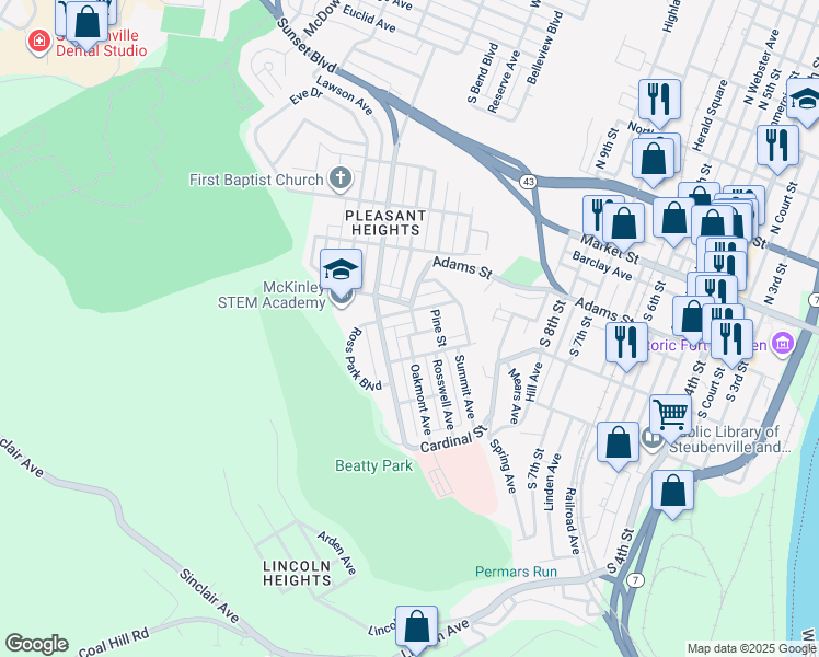 map of restaurants, bars, coffee shops, grocery stores, and more near 1313 Jefferson Street in Steubenville
