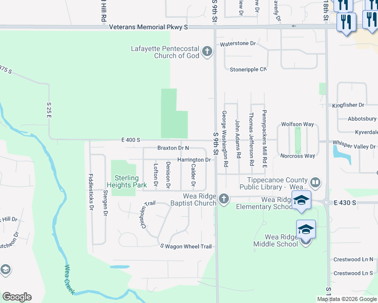 map of restaurants, bars, coffee shops, grocery stores, and more near 915 Braxton Drive North in Lafayette