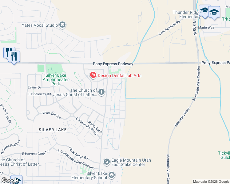 map of restaurants, bars, coffee shops, grocery stores, and more near 7797 Bronco Drive in Eagle Mountain