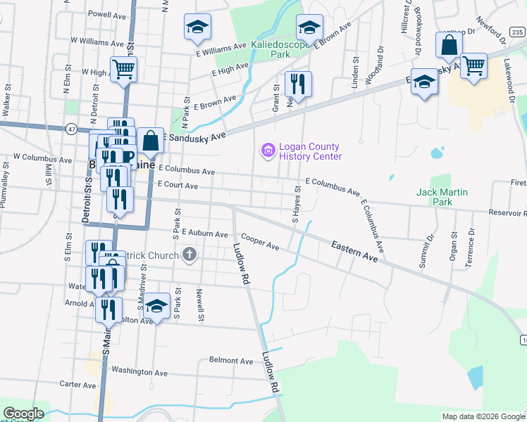 map of restaurants, bars, coffee shops, grocery stores, and more near 516 East Chillicothe Avenue in Bellefontaine