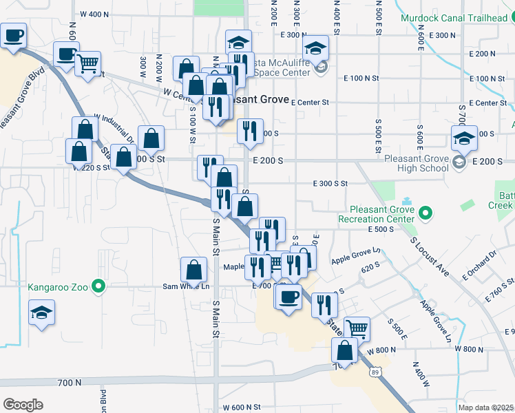 map of restaurants, bars, coffee shops, grocery stores, and more near 405 South 100 East in Pleasant Grove