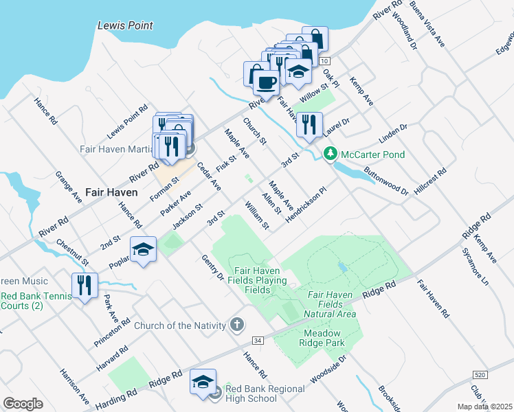 map of restaurants, bars, coffee shops, grocery stores, and more near 21 William Street in Fair Haven
