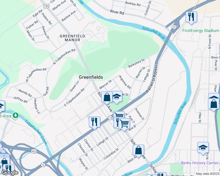 map of restaurants, bars, coffee shops, grocery stores, and more near 611 Kathryn Street in Reading