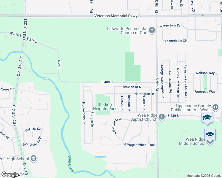 map of restaurants, bars, coffee shops, grocery stores, and more near 625 Braxton Drive North in Lafayette