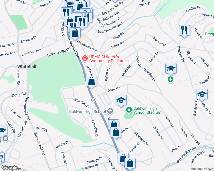 map of restaurants, bars, coffee shops, grocery stores, and more near 914 Dallett Road in Pittsburgh