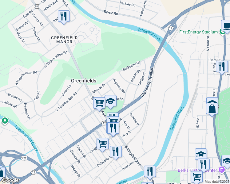 map of restaurants, bars, coffee shops, grocery stores, and more near 1517 Darien Street in Reading