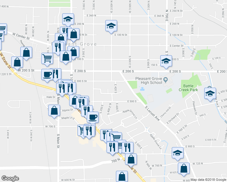 map of restaurants, bars, coffee shops, grocery stores, and more near 402 East 420 South in Pleasant Grove