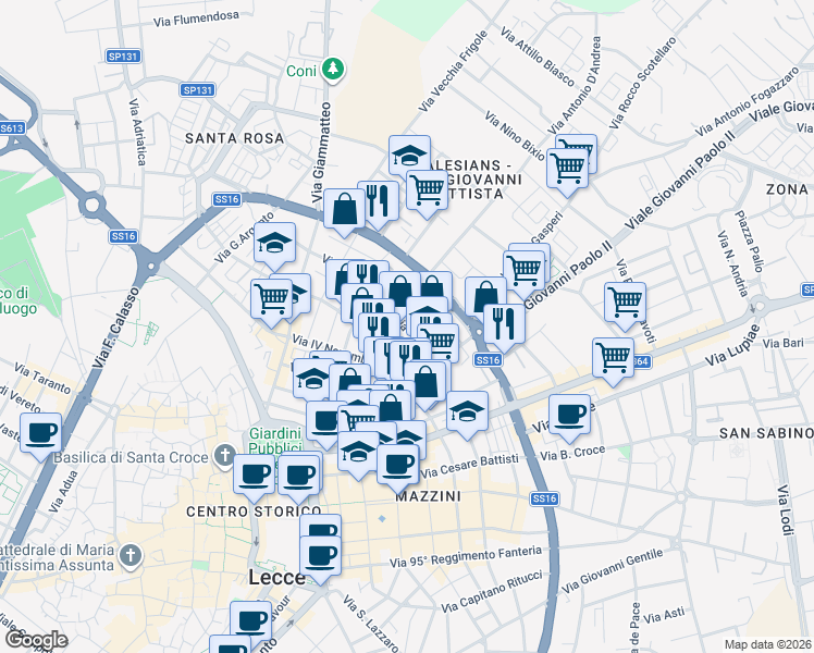 map of restaurants, bars, coffee shops, grocery stores, and more near 19-21 Piazza Ludovico Ariosto in Lecce