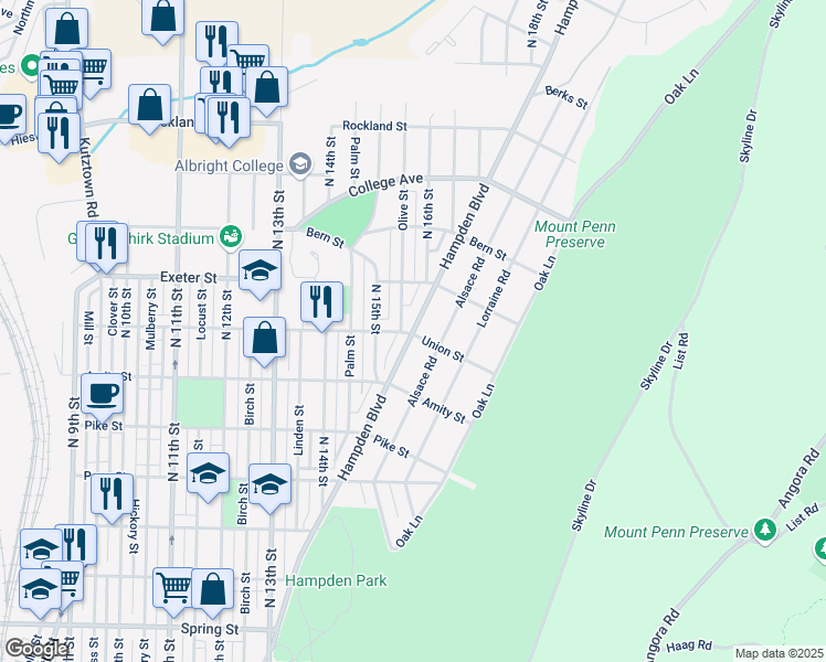 map of restaurants, bars, coffee shops, grocery stores, and more near Hampden Boulevard in Reading