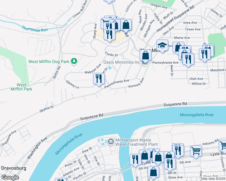 map of restaurants, bars, coffee shops, grocery stores, and more near 2409 Vermont Ave in West Mifflin
