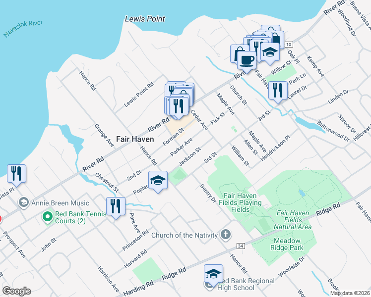map of restaurants, bars, coffee shops, grocery stores, and more near 66 Parker Avenue in Fair Haven