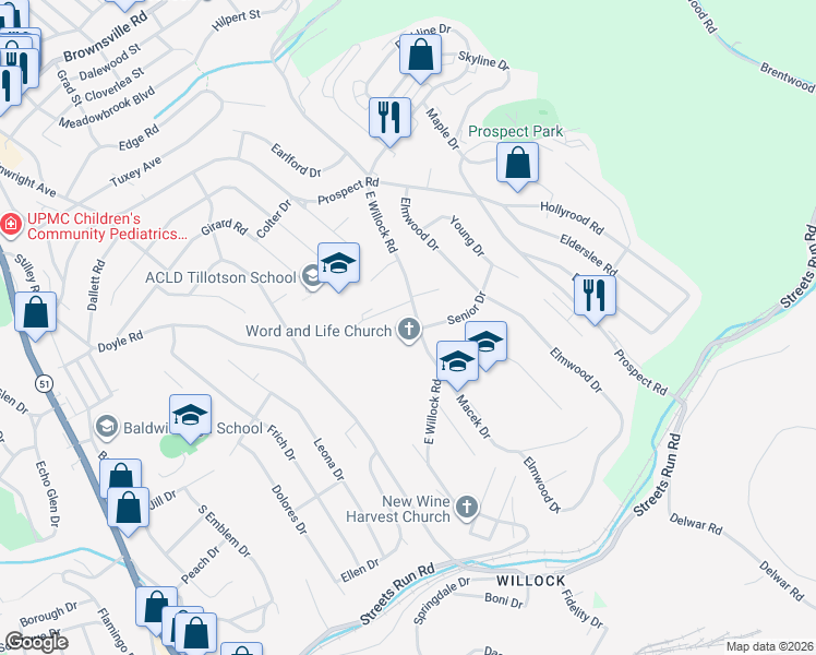 map of restaurants, bars, coffee shops, grocery stores, and more near 4914 E Willock Rd in Pittsburgh