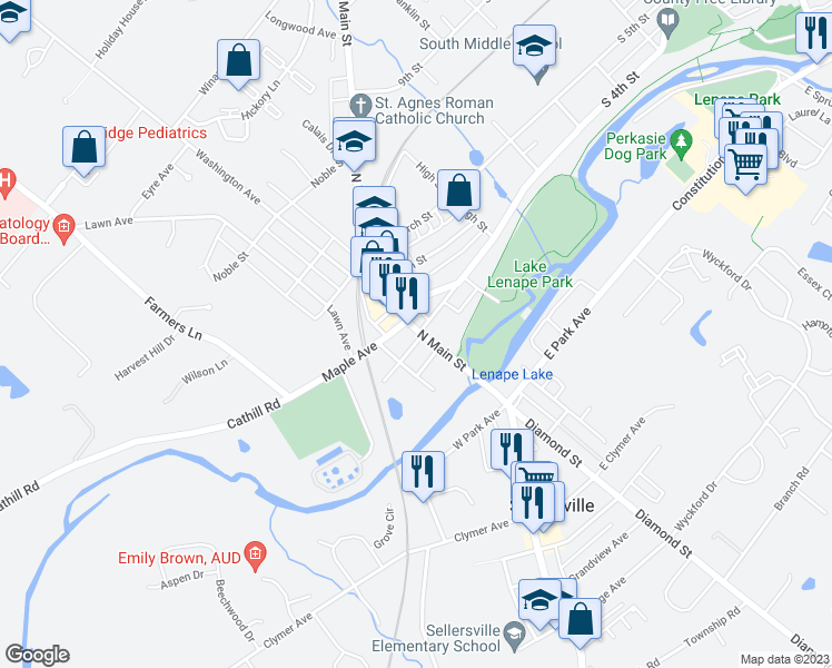 map of restaurants, bars, coffee shops, grocery stores, and more near 106 North Main Street in Sellersville