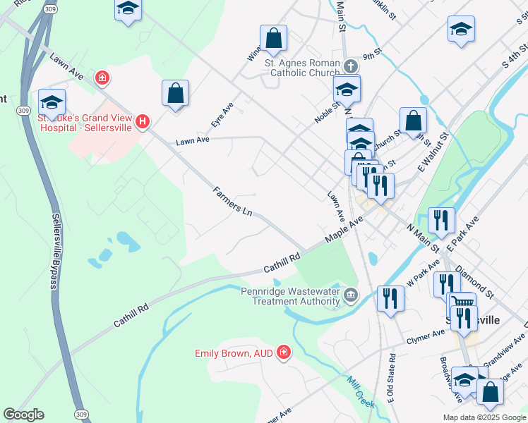 map of restaurants, bars, coffee shops, grocery stores, and more near 105 Farmers Lane in Sellersville