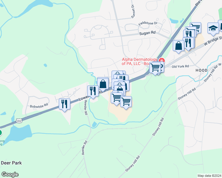 map of restaurants, bars, coffee shops, grocery stores, and more near 6534 Shire Drive in New Hope