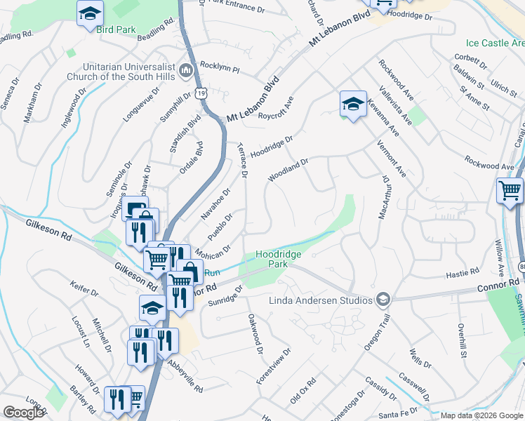 map of restaurants, bars, coffee shops, grocery stores, and more near 19 Woodland Drive in Pittsburgh