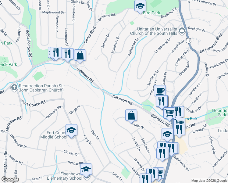 map of restaurants, bars, coffee shops, grocery stores, and more near 300 Gilkeson Road in Pittsburgh