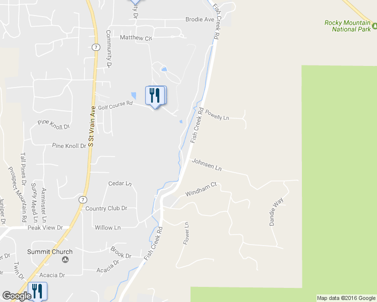 map of restaurants, bars, coffee shops, grocery stores, and more near 1195 Fish Creek Road in Estes Park