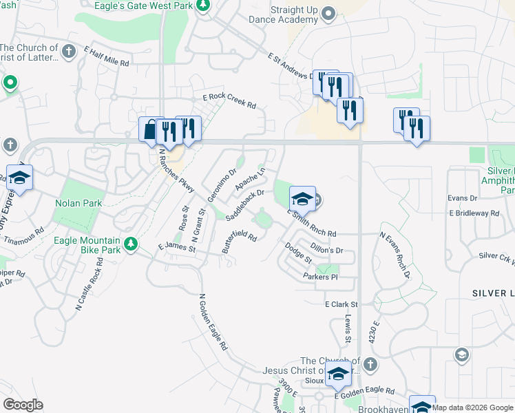 map of restaurants, bars, coffee shops, grocery stores, and more near 3819 Chilton Road in Eagle Mountain