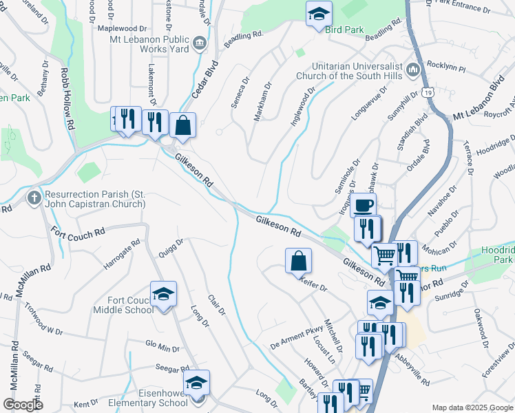 map of restaurants, bars, coffee shops, grocery stores, and more near Unnamed Road in Mount Lebanon