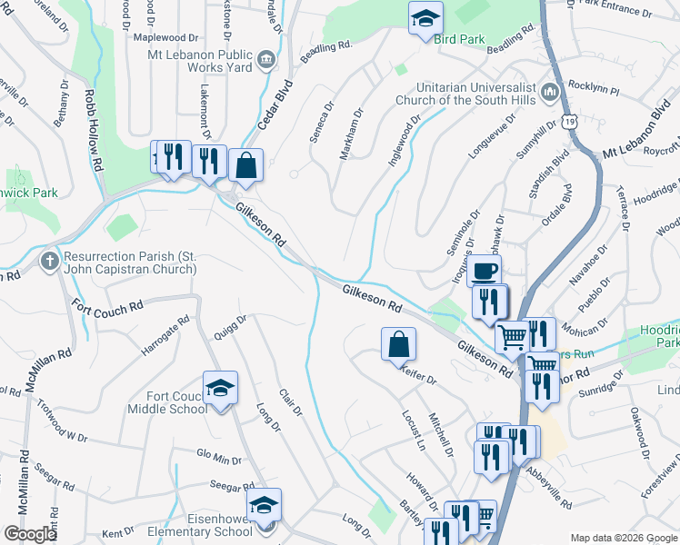 map of restaurants, bars, coffee shops, grocery stores, and more near 300 Old Gilkeson Road in Mount Lebanon