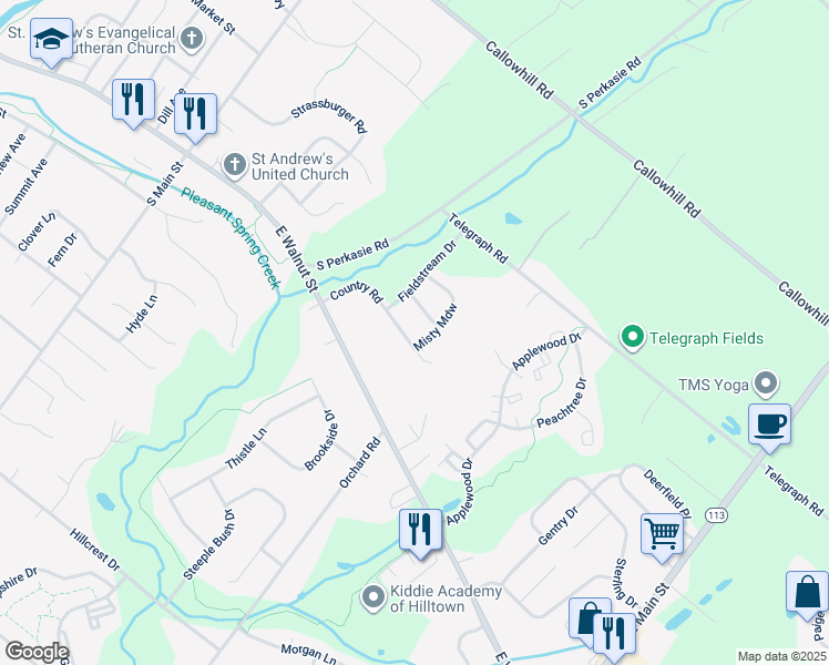 map of restaurants, bars, coffee shops, grocery stores, and more near 53 Country Road in Perkasie
