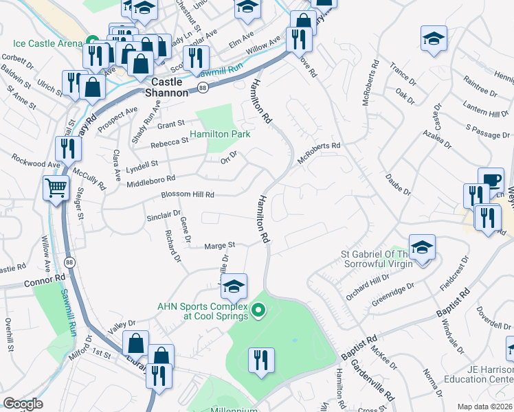 map of restaurants, bars, coffee shops, grocery stores, and more near 1440 Hamilton Road in Pittsburgh