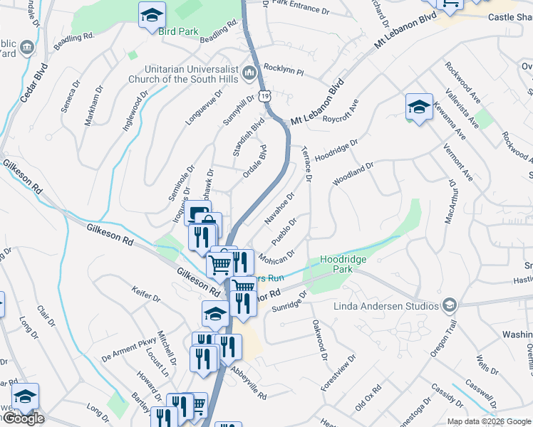 map of restaurants, bars, coffee shops, grocery stores, and more near 1425 Navahoe Drive in Pittsburgh