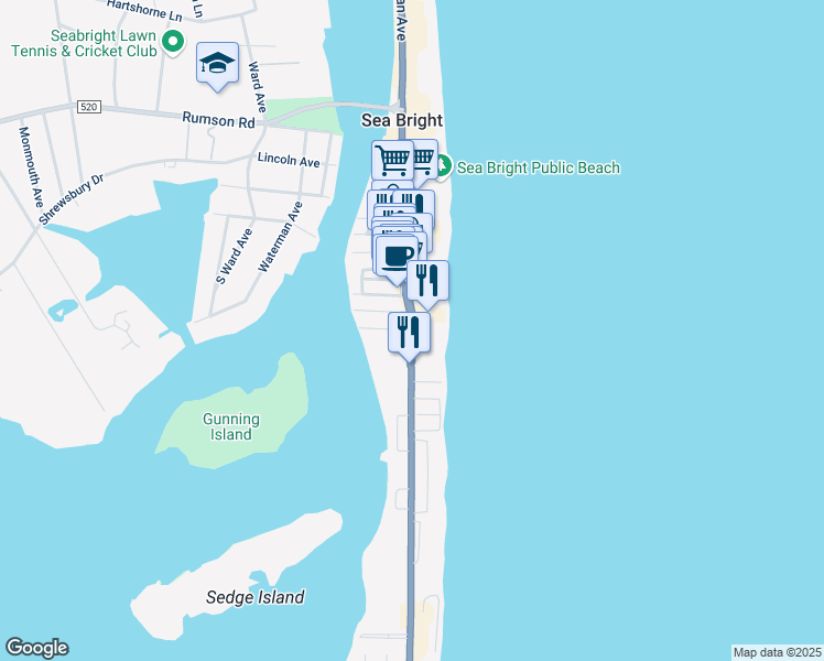 map of restaurants, bars, coffee shops, grocery stores, and more near Ocean Avenue & Osborne Place in Sea Bright