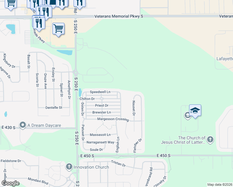 map of restaurants, bars, coffee shops, grocery stores, and more near 2755 Speedwell Lane in Lafayette