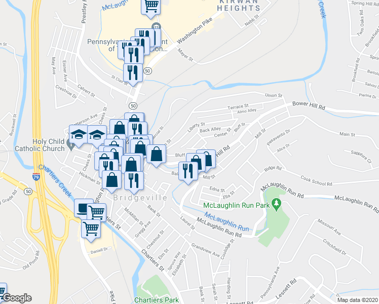 map of restaurants, bars, coffee shops, grocery stores, and more near 741 Bluff Street in Bridgeville