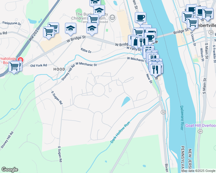map of restaurants, bars, coffee shops, grocery stores, and more near 40 Tahoe Drive in New Hope