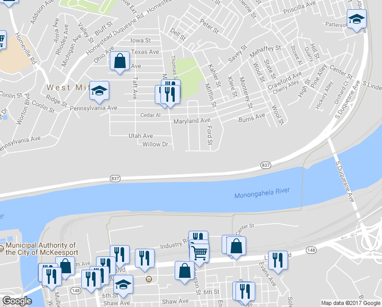 map of restaurants, bars, coffee shops, grocery stores, and more near 1515 Mifflin Street in West Mifflin