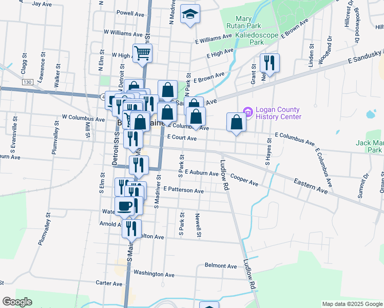 map of restaurants, bars, coffee shops, grocery stores, and more near 312 East Chillicothe Avenue in Bellefontaine