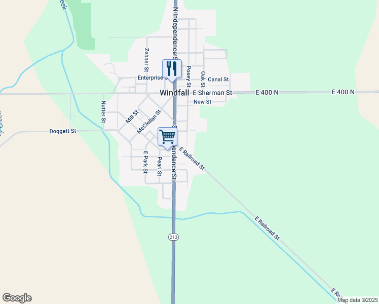 map of restaurants, bars, coffee shops, grocery stores, and more near 206 East Railroad Street in Windfall