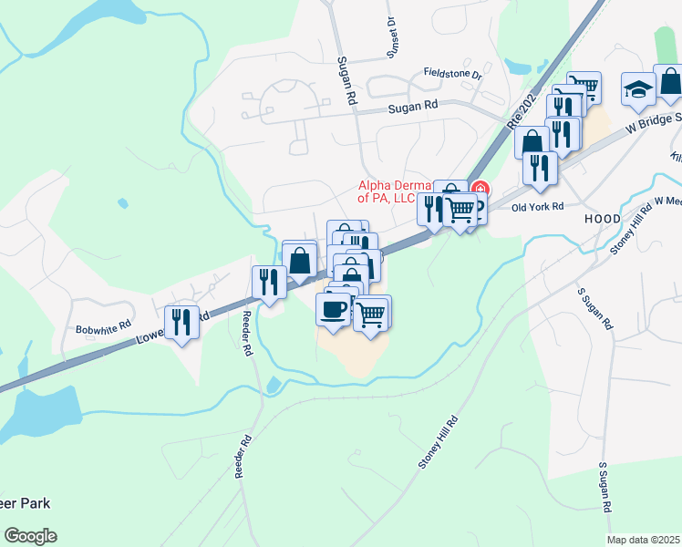 map of restaurants, bars, coffee shops, grocery stores, and more near 6550 Lower York Road in New Hope