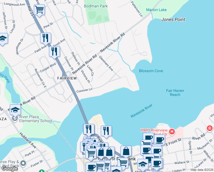 map of restaurants, bars, coffee shops, grocery stores, and more near 108 Conover Lane in Red Bank