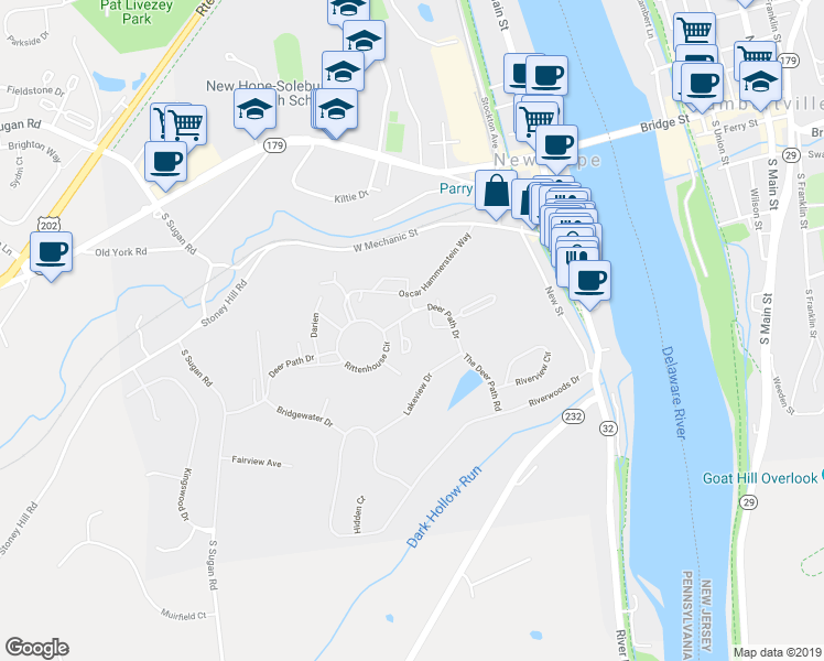 map of restaurants, bars, coffee shops, grocery stores, and more near 37 Tahoe in New Hope