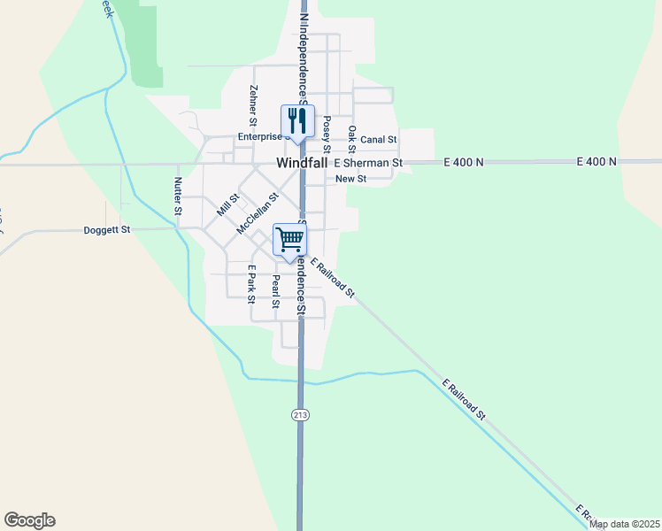 map of restaurants, bars, coffee shops, grocery stores, and more near 206 East Railroad Street in Windfall