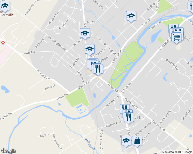 map of restaurants, bars, coffee shops, grocery stores, and more near 4 Maple Avenue in Sellersville