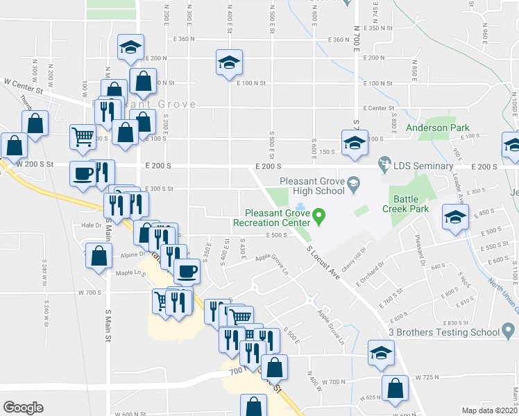 map of restaurants, bars, coffee shops, grocery stores, and more near 445 East 420 South in Pleasant Grove