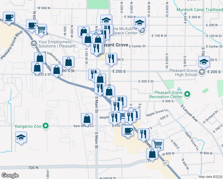 map of restaurants, bars, coffee shops, grocery stores, and more near 405 South 100 East in Pleasant Grove
