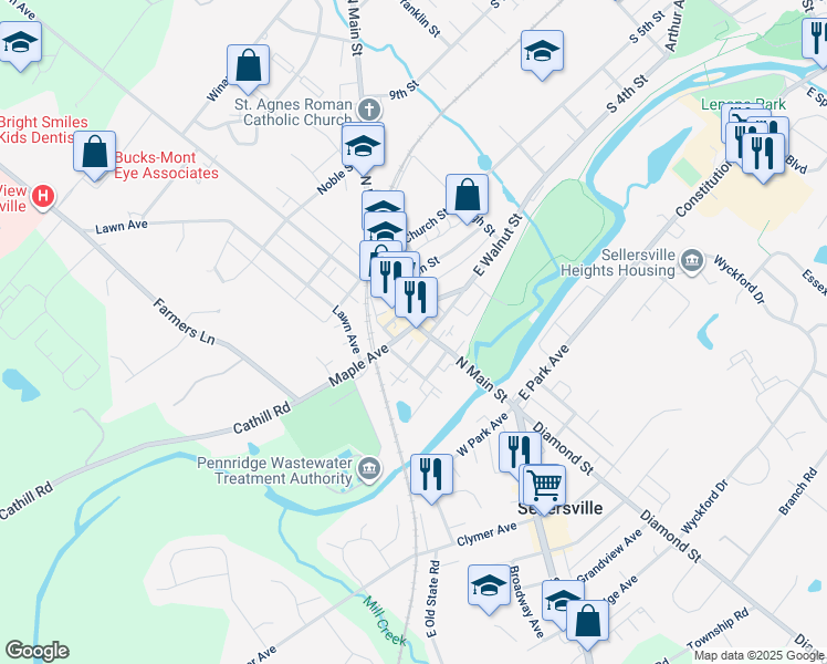 map of restaurants, bars, coffee shops, grocery stores, and more near 108 North Main Street in Sellersville