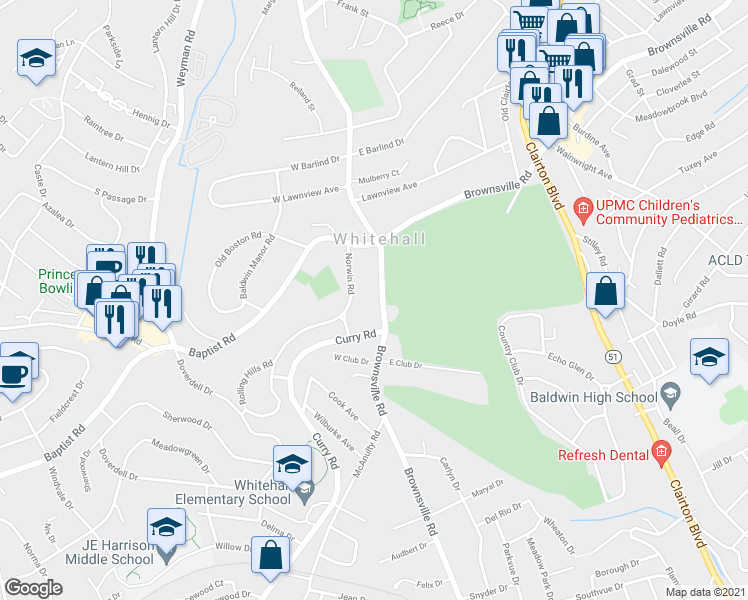 map of restaurants, bars, coffee shops, grocery stores, and more near 4559 Brownsville Road in Pittsburgh