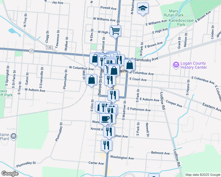 map of restaurants, bars, coffee shops, grocery stores, and more near 222 South Main Street in Bellefontaine