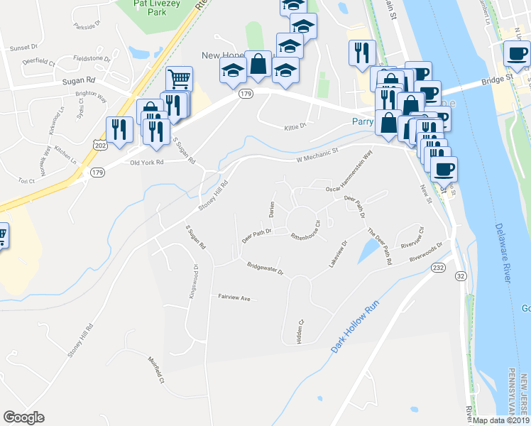 map of restaurants, bars, coffee shops, grocery stores, and more near 9 Darien in New Hope