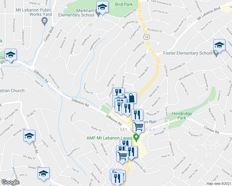 map of restaurants, bars, coffee shops, grocery stores, and more near 190 Mohawk Drive in Pittsburgh