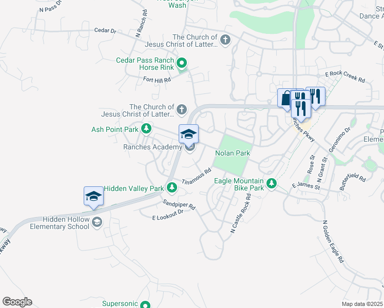 map of restaurants, bars, coffee shops, grocery stores, and more near 7789 North Tawny Owl Circle in Eagle Mountain